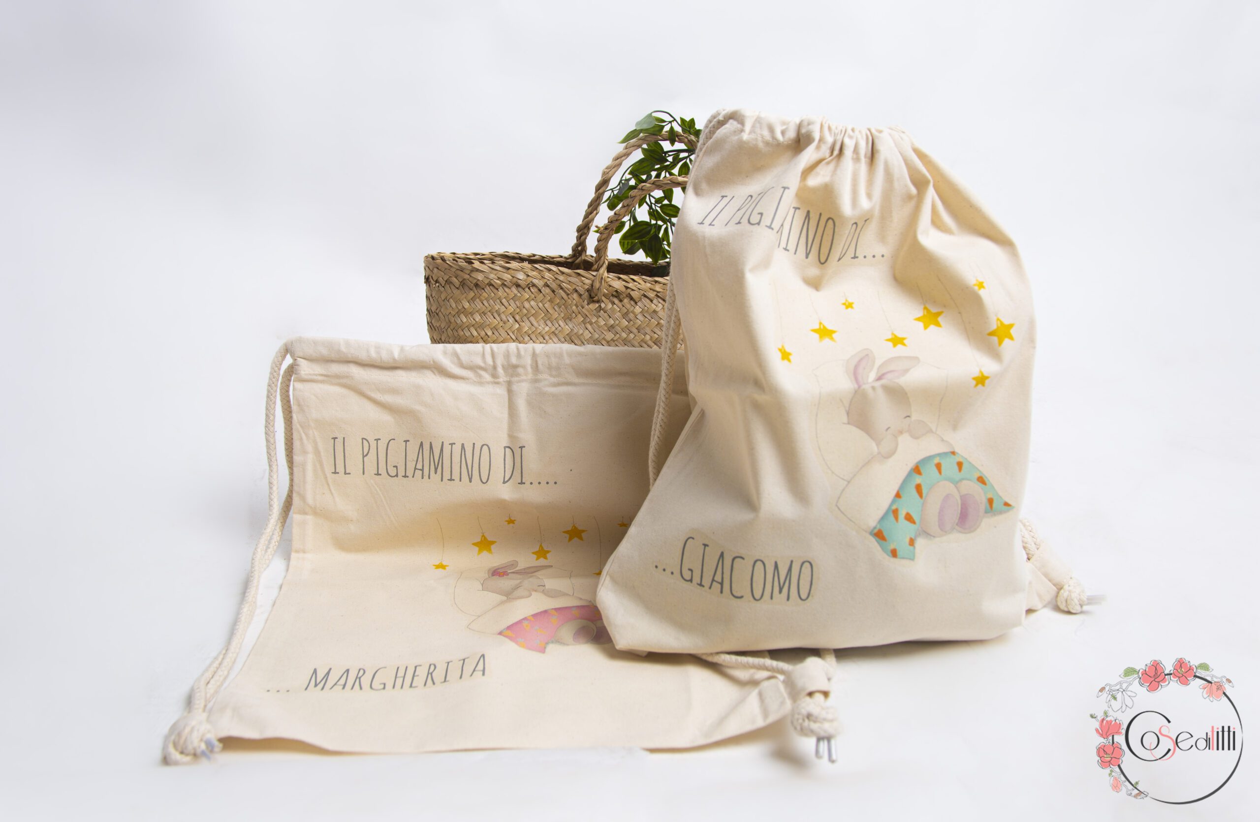 Shopper borsa sacca personalizzata con nome per bambini scuola asilo  portacambio portagiacca portacappotto disegni di animali